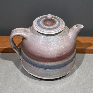Vintages 80s Stoneware Teapot Handmade Wheel Thrown Studio Art Signed Striped